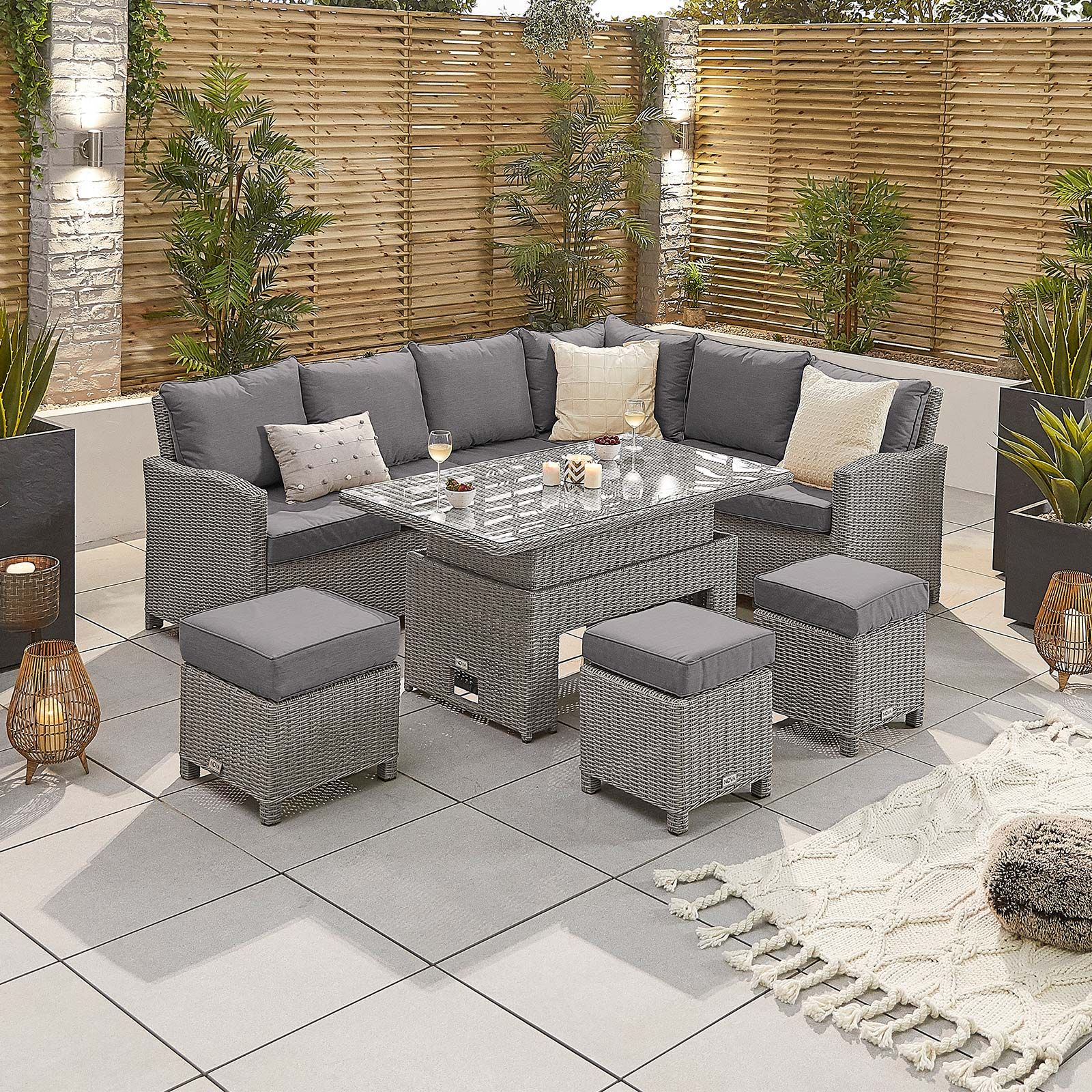 Rattan corner garden set store with rising table